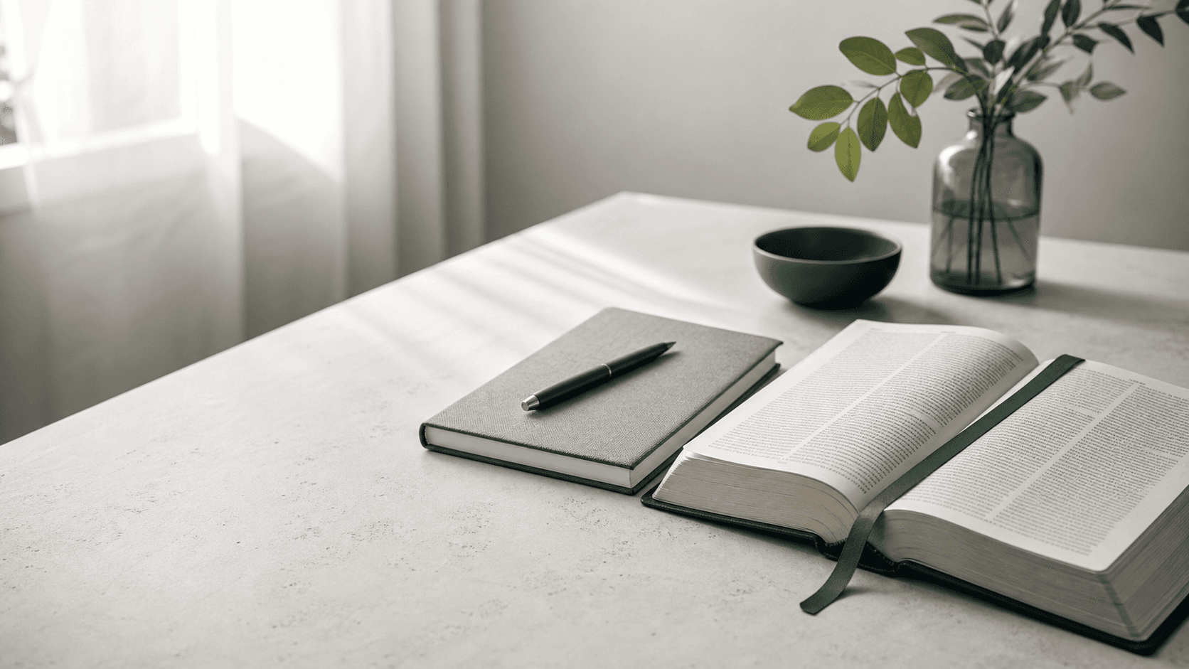 Mesa com Bíblia aberta, caderno e marcador verde