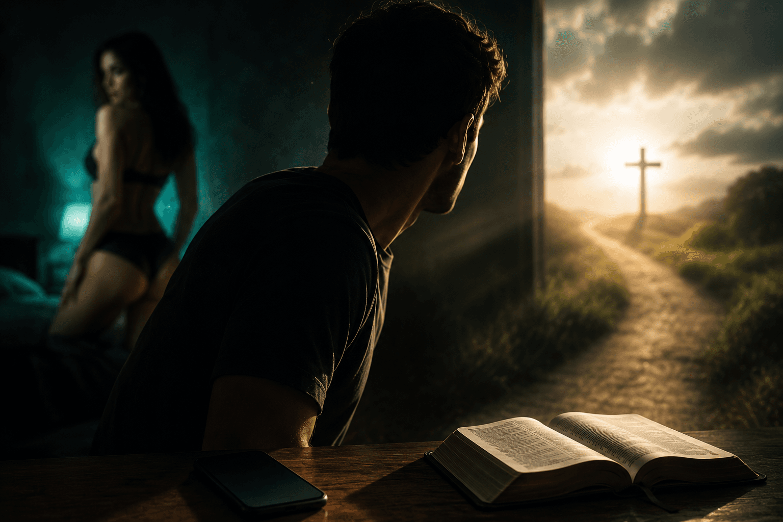 Homem dividido entre a tentação representada por uma mulher desfocada e o caminho de luz com uma cruz, com Bíblia aberta e celular sobre a mesa.