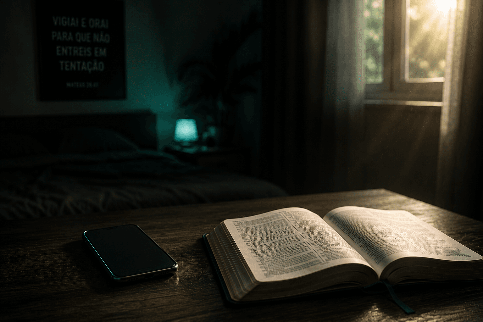 Celular desligado ao lado de uma Bíblia aberta, simbolizando decisão cristã de fugir dos gatilhos da pornografia.