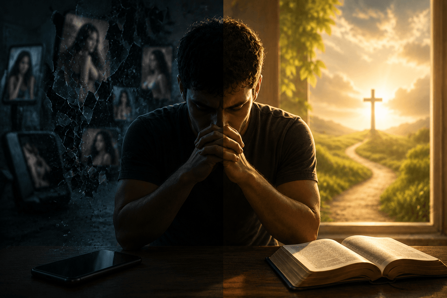 Homem orando entre um lado escuro com imagens borradas no celular e um lado iluminado com Bíblia aberta e cruz, simbolizando a escolha entre pornografia e pureza em Cristo.
