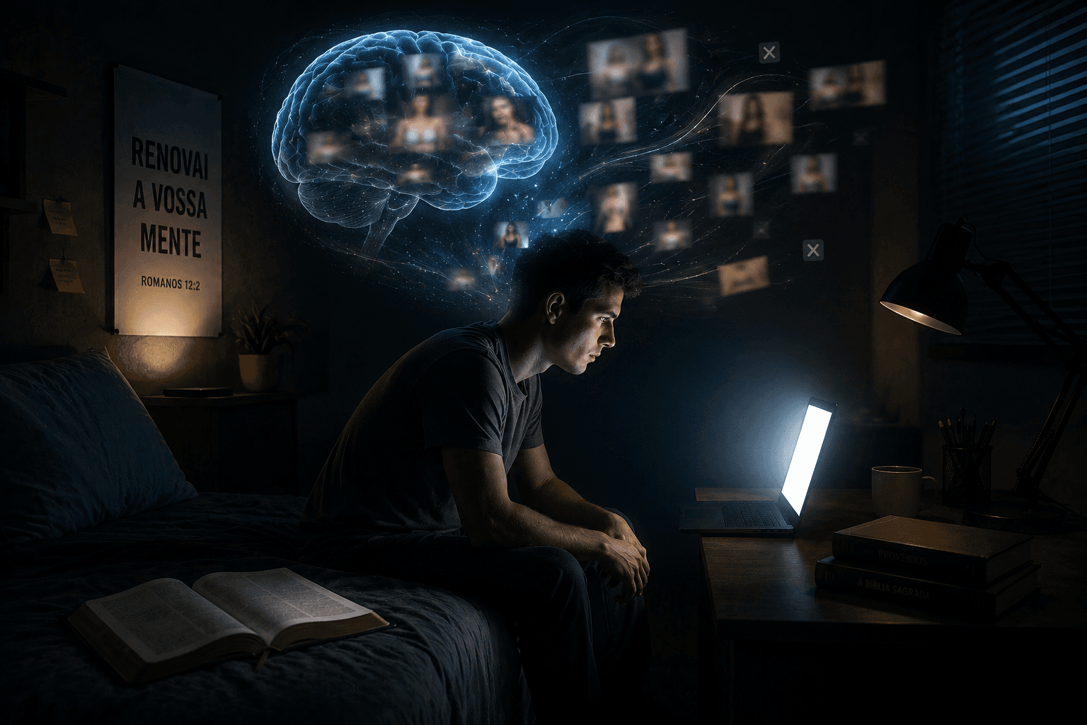 Homem sentado no quarto diante da luz do notebook, com cérebro luminoso acima mostrando imagens borradas, simbolizando como a pornografia afeta a mente e os pensamentos.