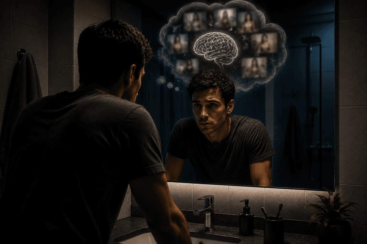 Homem se olhando no espelho do banheiro com um balão mental mostrando imagens borradas e um cérebro, simbolizando como a masturbação pode afetar a mente, os pensamentos e a imaginação.