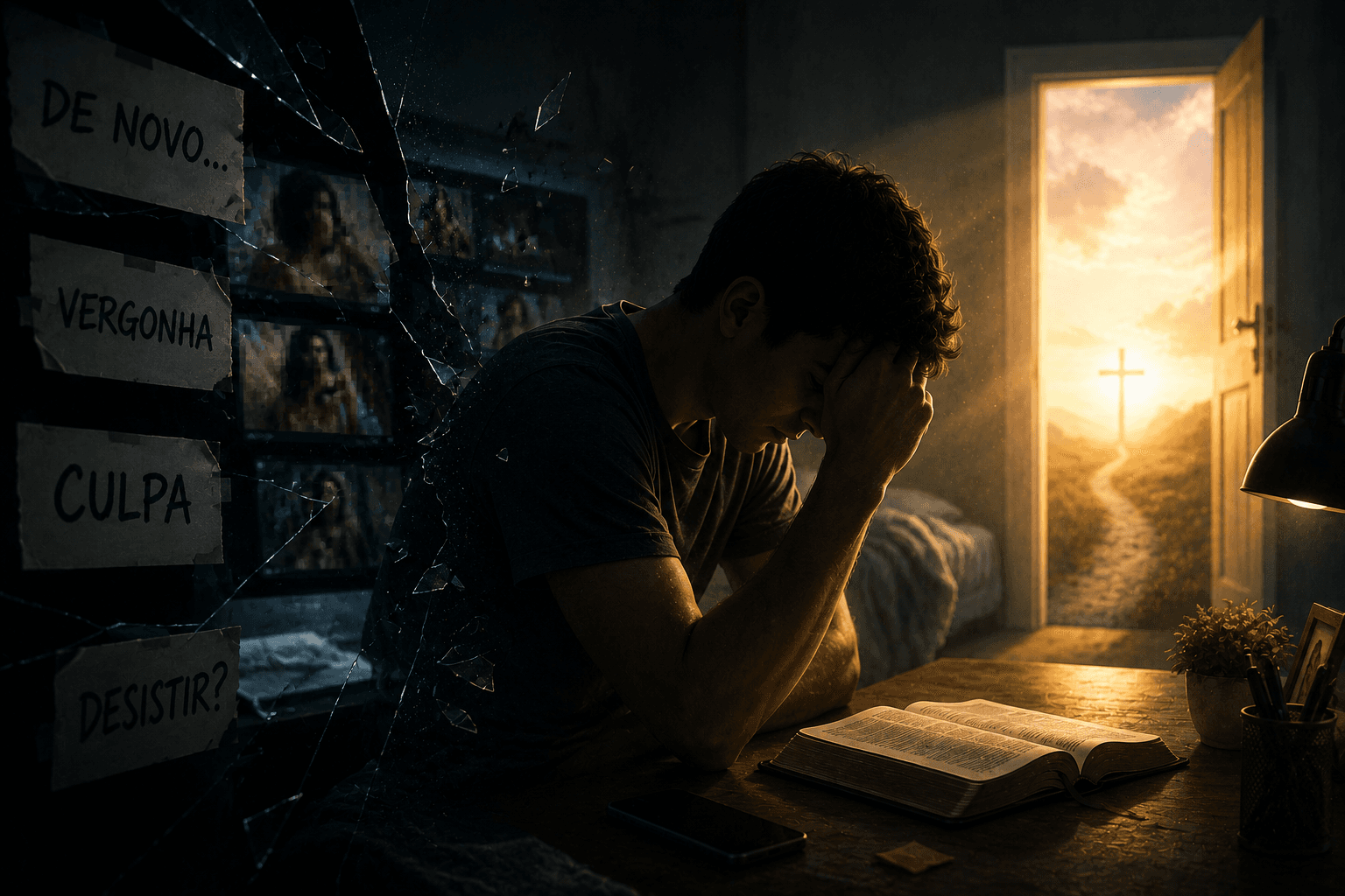 Homem com a cabeça baixa diante de uma Bíblia aberta, com imagens borradas e palavras de culpa ao lado, enquanto uma porta iluminada com uma cruz aponta para recomeço.
