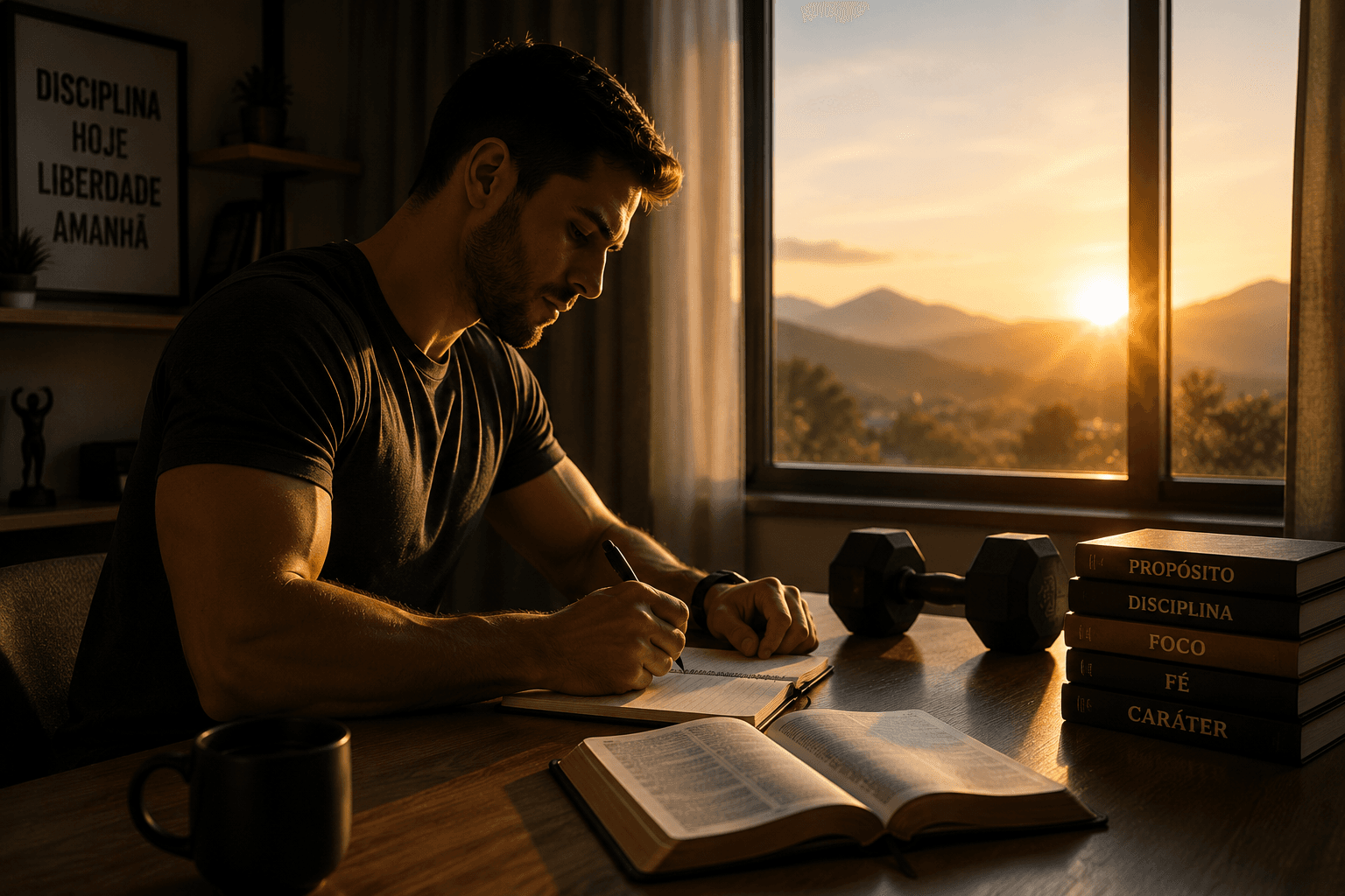 Homem escrevendo em um caderno ao amanhecer, com Bíblia aberta, livros e halteres sobre a mesa, simbolizando disciplina, foco e desenvolvimento do caráter.