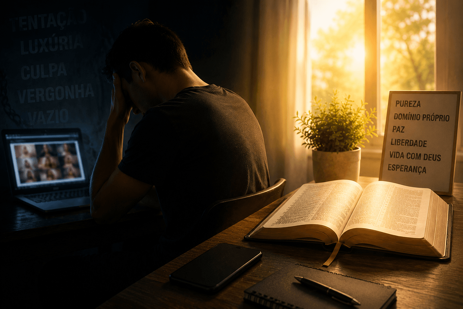 Homem sentado diante de um notebook em um ambiente escuro, enquanto uma Bíblia aberta iluminada pela luz da manhã simboliza a escolha entre permanecer preso à pornografia ou seguir a Palavra de Deus.