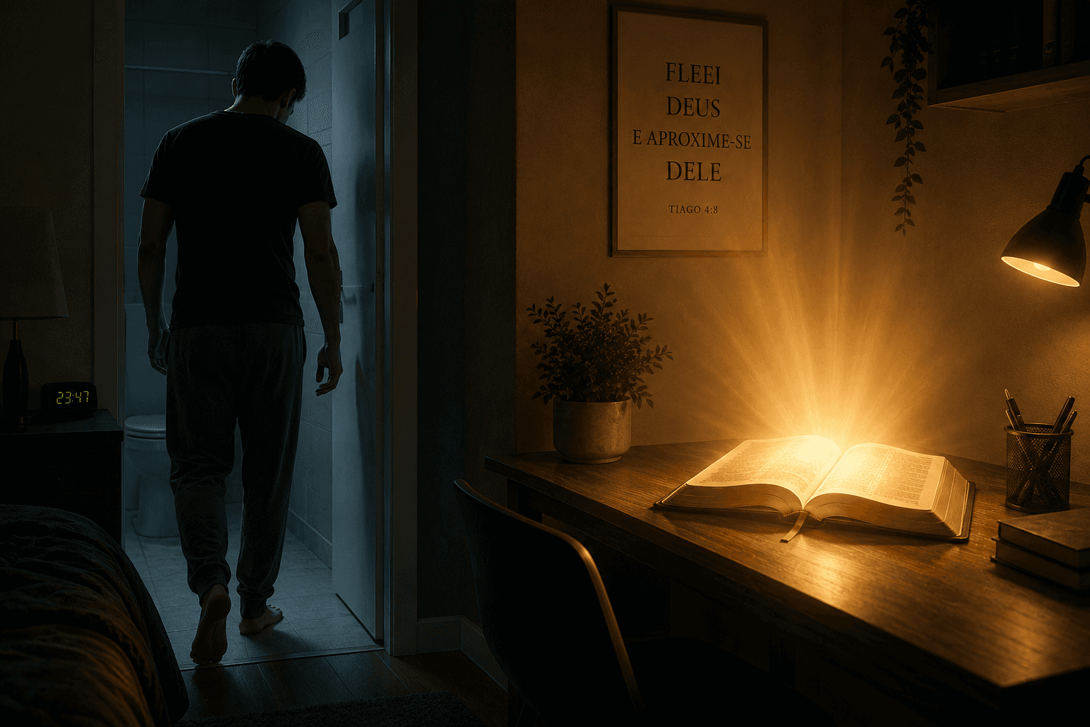 Homem caminhando em direção ao banheiro durante a noite enquanto, ao lado, uma Bíblia aberta brilha sobre uma mesa, simbolizando o chamado de Deus para a pureza e a escolha entre seguir os impulsos ou a Palavra.