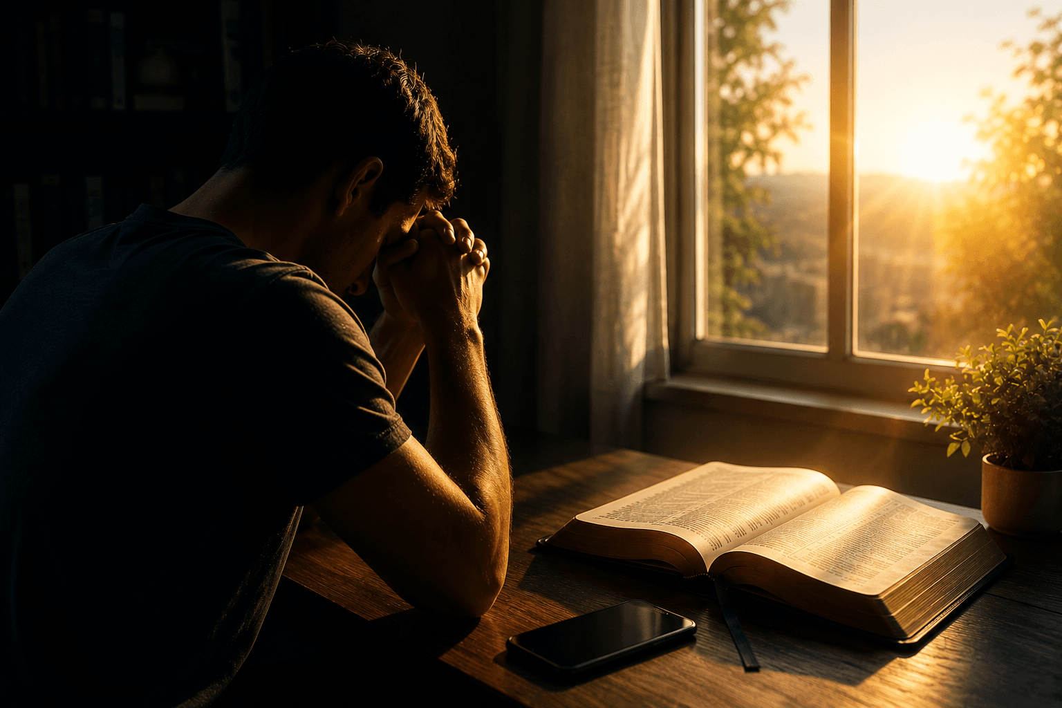 Homem em oração diante de uma Bíblia aberta e de um celular desligado, iluminado pela luz do amanhecer, simbolizando a busca por força em Deus para vencer a luxúria.