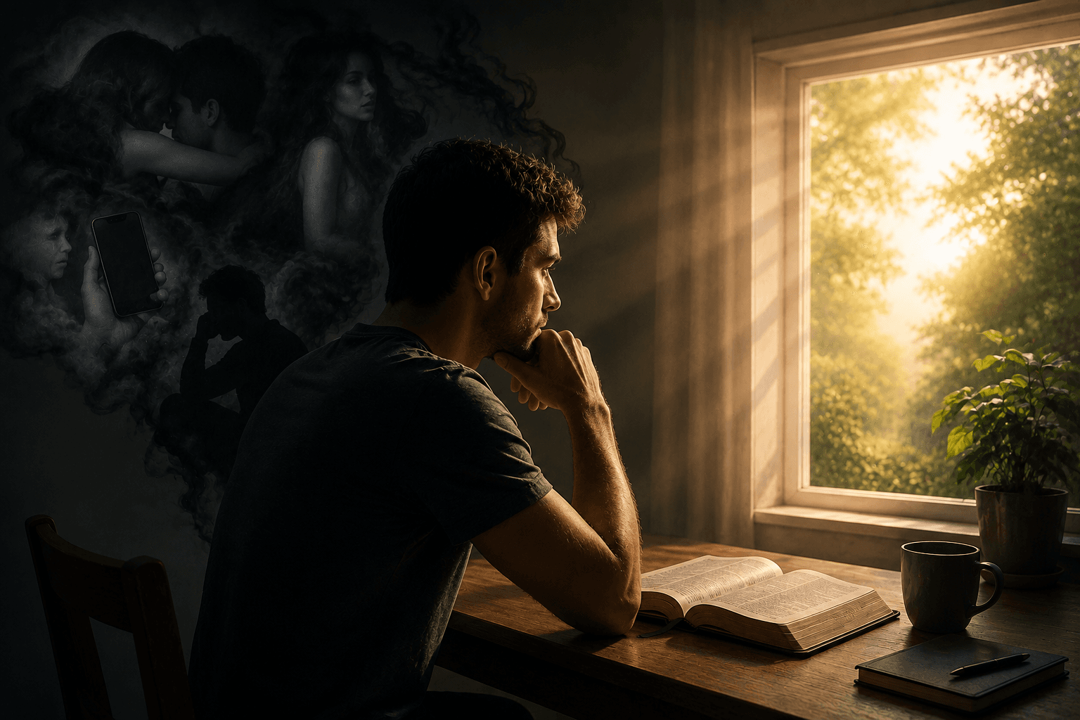 Homem refletindo diante de uma Bíblia aberta enquanto sombras ao fundo representam pensamentos impuros e tentações, contrastando com a luz que entra pela janela.
