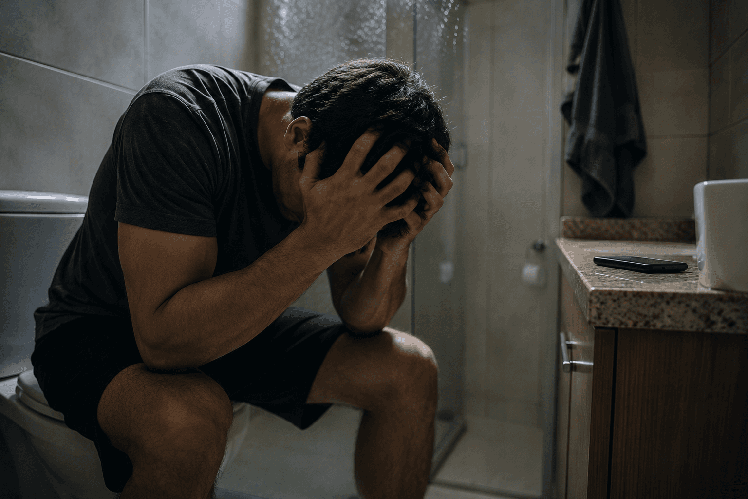 Homem sentado no banheiro com as mãos na cabeça, abatido após uma queda, com um celular ao lado, simbolizando culpa, arrependimento e a luta contra a masturbação.