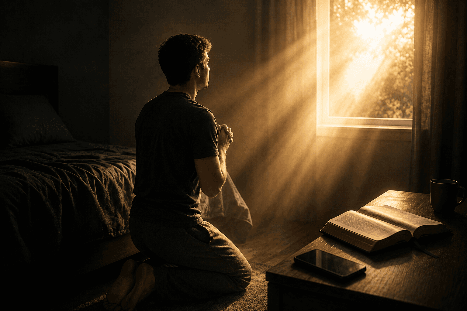 Homem ajoelhado em oração diante de uma janela iluminada, com uma Bíblia aberta e um celular sobre a mesa, simbolizando arrependimento e busca pelo perdão de Deus.