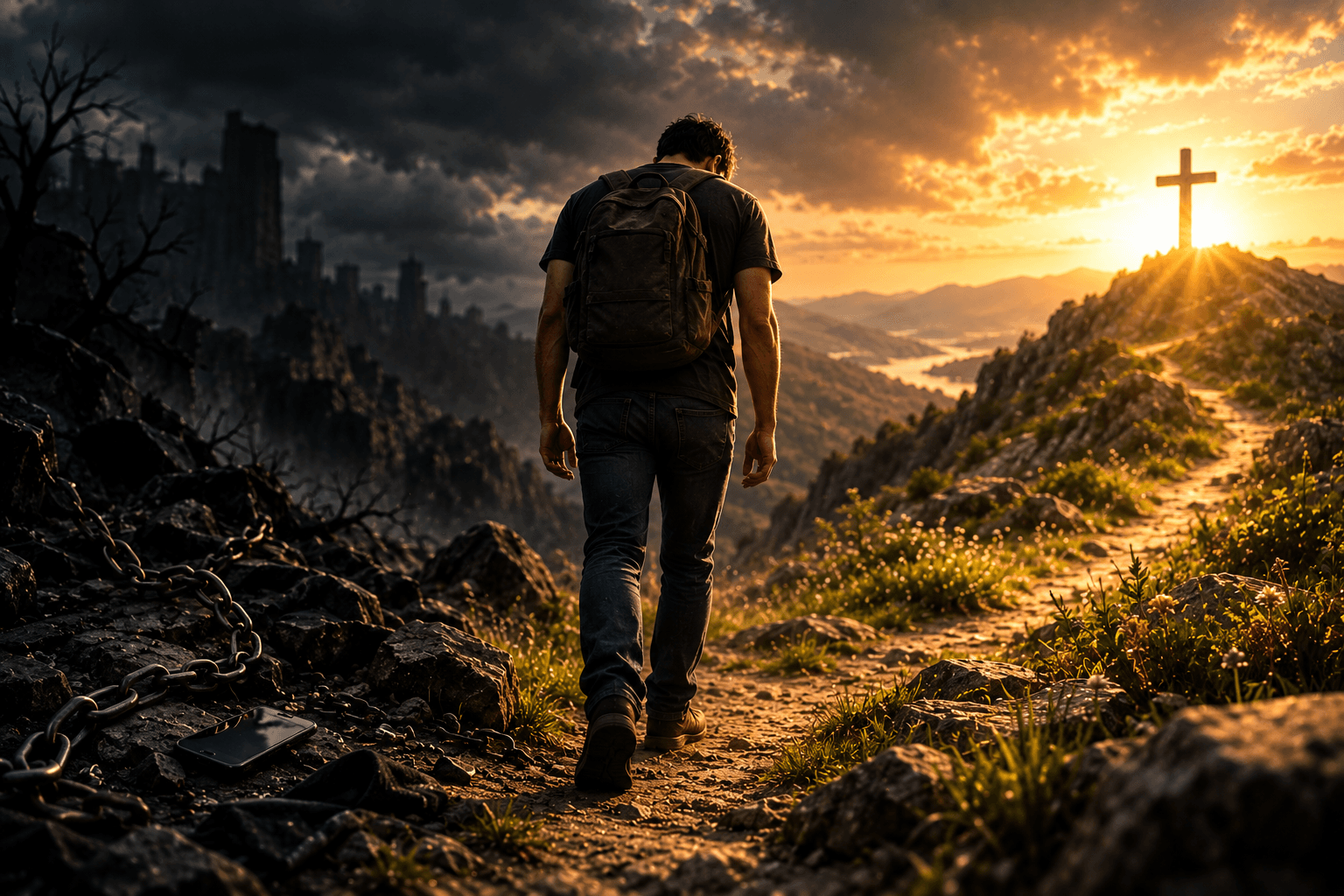 Homem caminhando de uma paisagem escura com correntes quebradas em direção a uma cruz iluminada, simbolizando arrependimento e retorno para Deus depois do pecado.