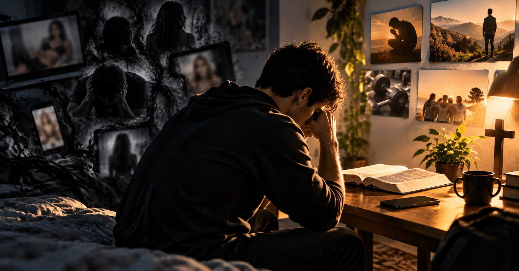 Homem em reflexão diante de uma Bíblia aberta, entre pensamentos sombrios ligados à pornografia e à luxúria e imagens de oração, exercício, comunhão e vida com Deus, simbolizando a renovação da mente.