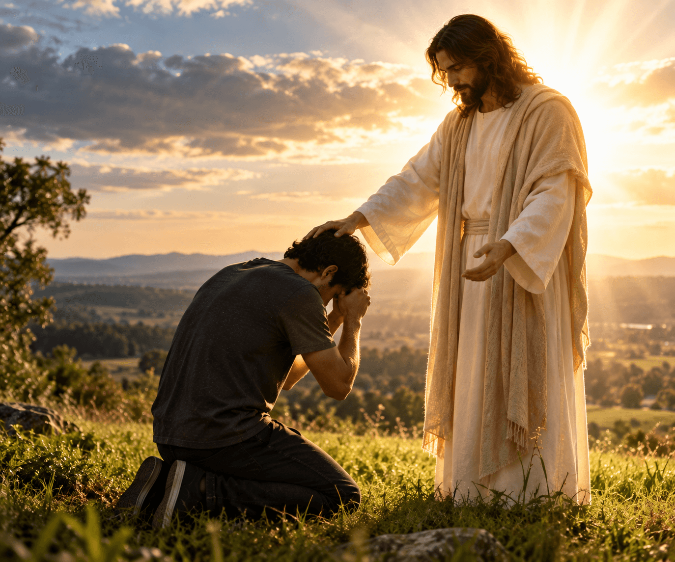 Homem ajoelhado em arrependimento diante de Jesus em um campo verde, enquanto uma luz intensa envolve Cristo e simboliza perdão, graça e restauração.