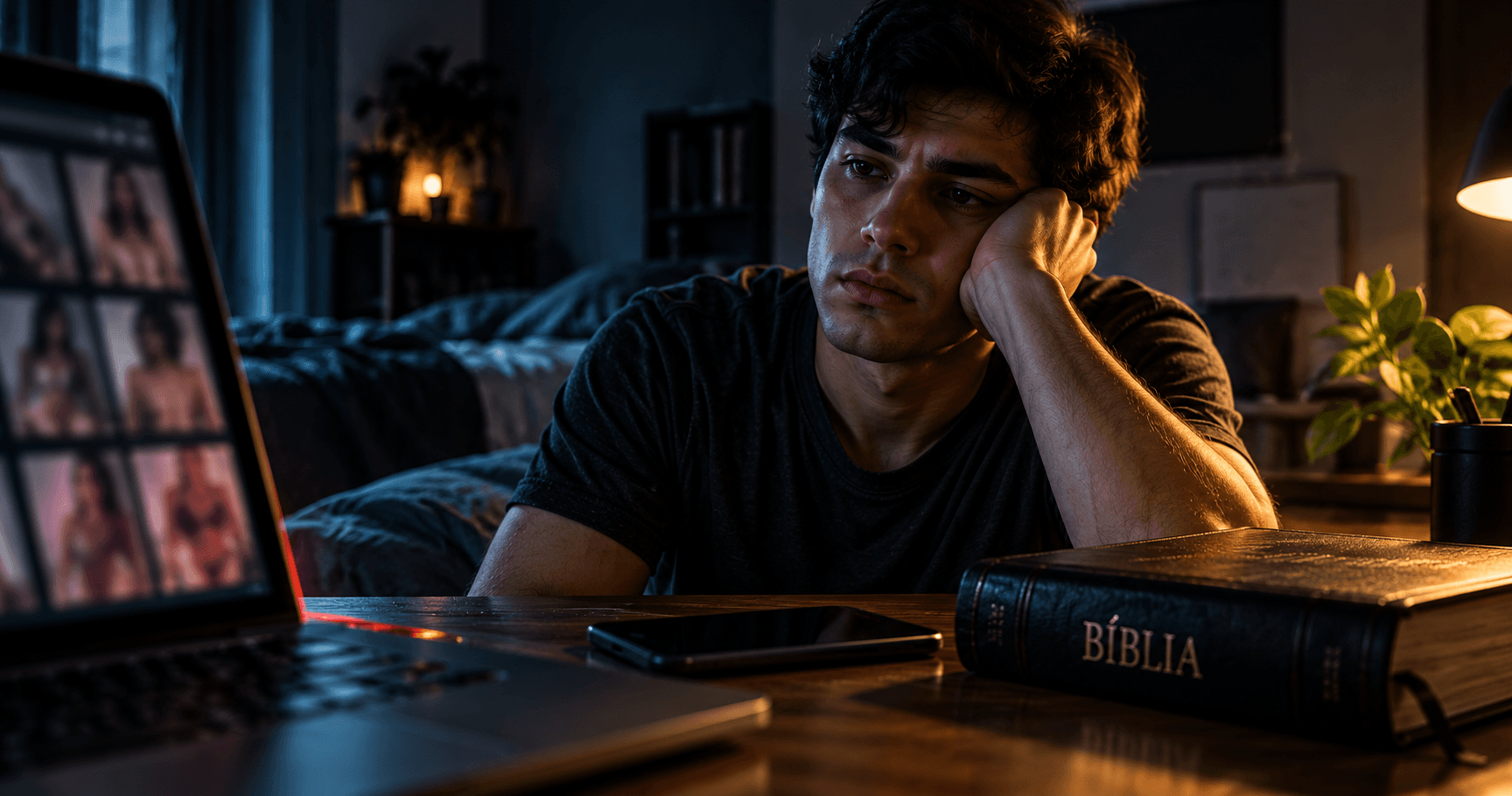 Homem diante de um notebook com imagens borradas, olhando sem reação enquanto uma Bíblia permanece ao lado, simbolizando a perda de sensibilidade diante da pornografia e a necessidade de voltar para Deus.